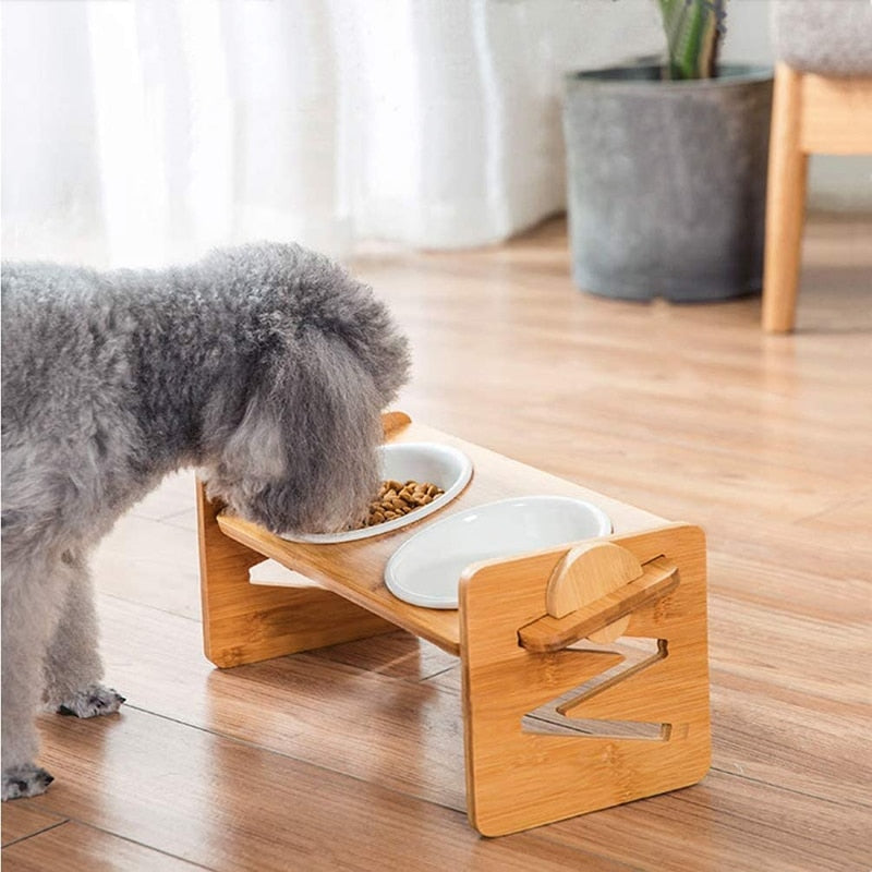 Bamboo Rack Ceramic Pets Bowls