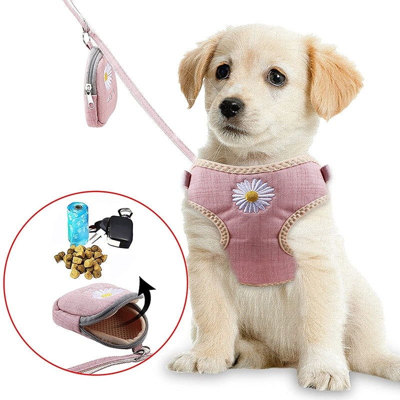 Embroidery Flower Dog Harness Leash Set