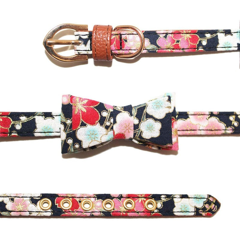 PU leather Floral Bowtie Dog Collar