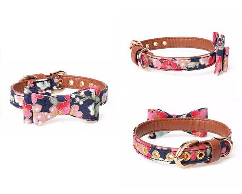 PU leather Floral Bowtie Dog Collar