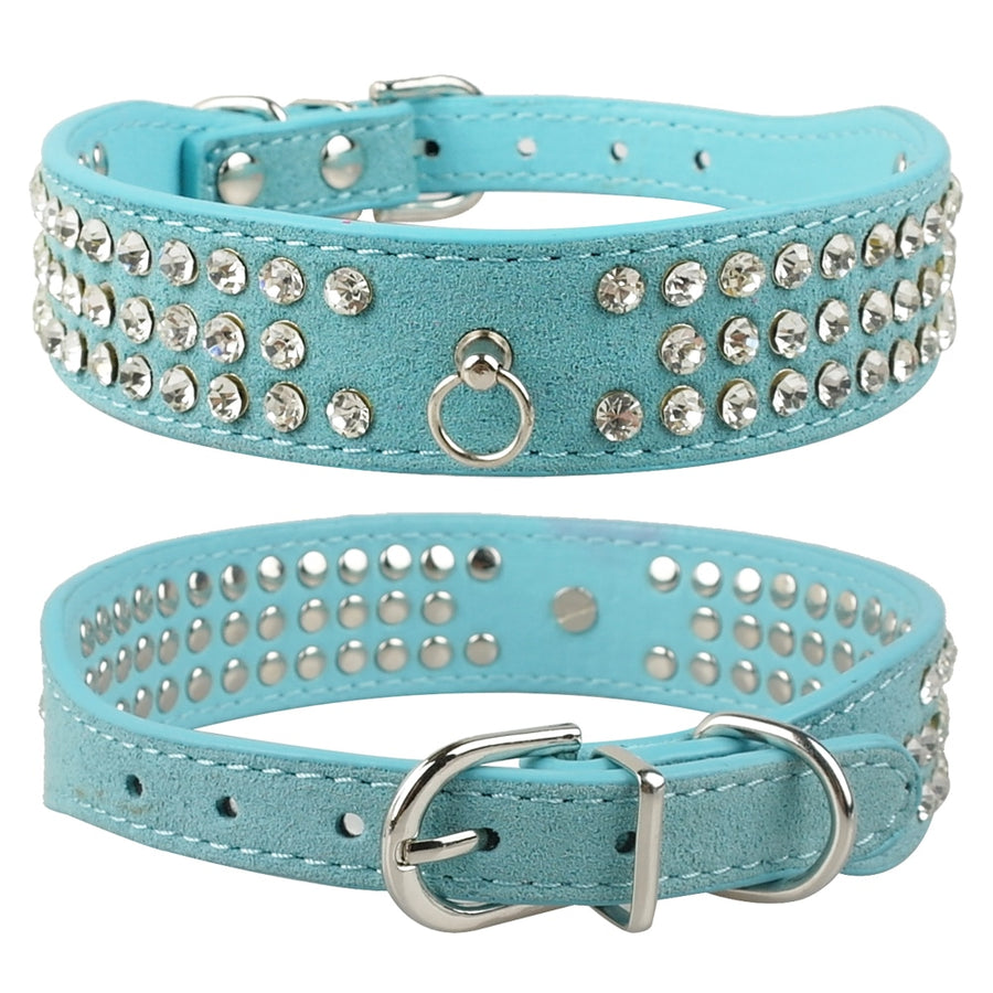 Suede Leather Rhinestone Dog Collar