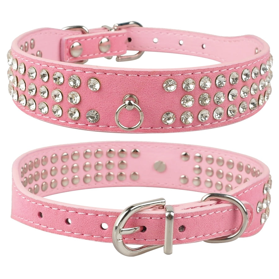 Suede Leather Rhinestone Dog Collar