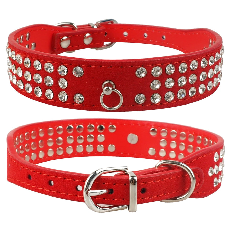 Suede Leather Rhinestone Dog Collar