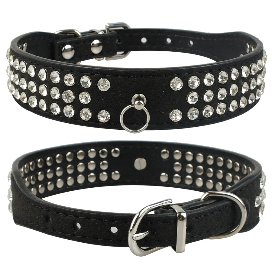 Suede Leather Rhinestone Dog Collar