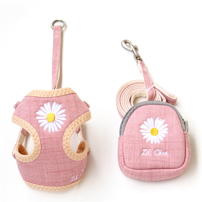 Embroidery Flower Dog Harness Leash Set