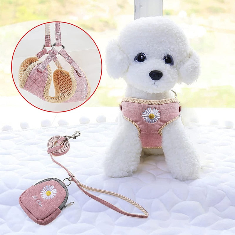 Embroidery Flower Dog Harness Leash Set