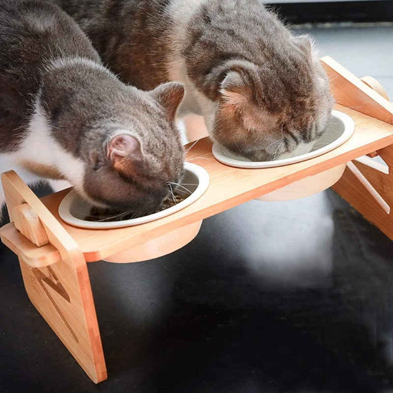 Bamboo Rack Ceramic Pets Bowls