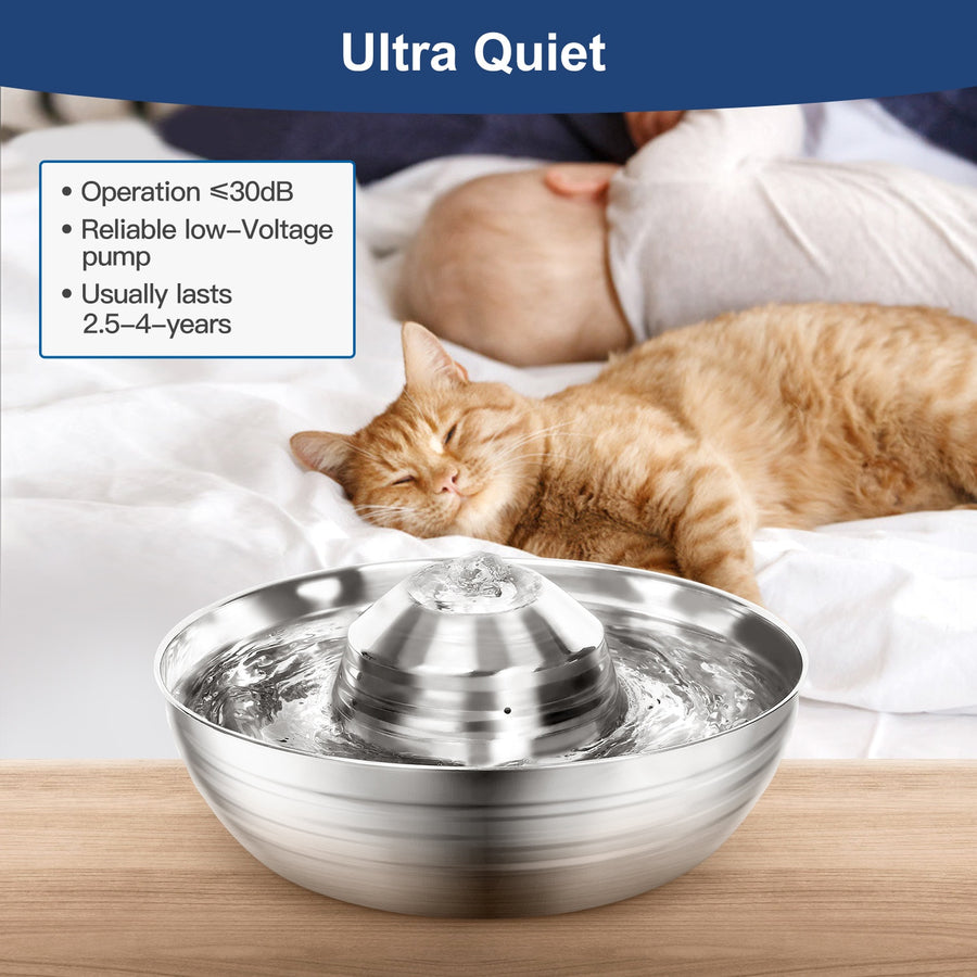 2L Ultra Quiet Stainless Steel Pet Fountain