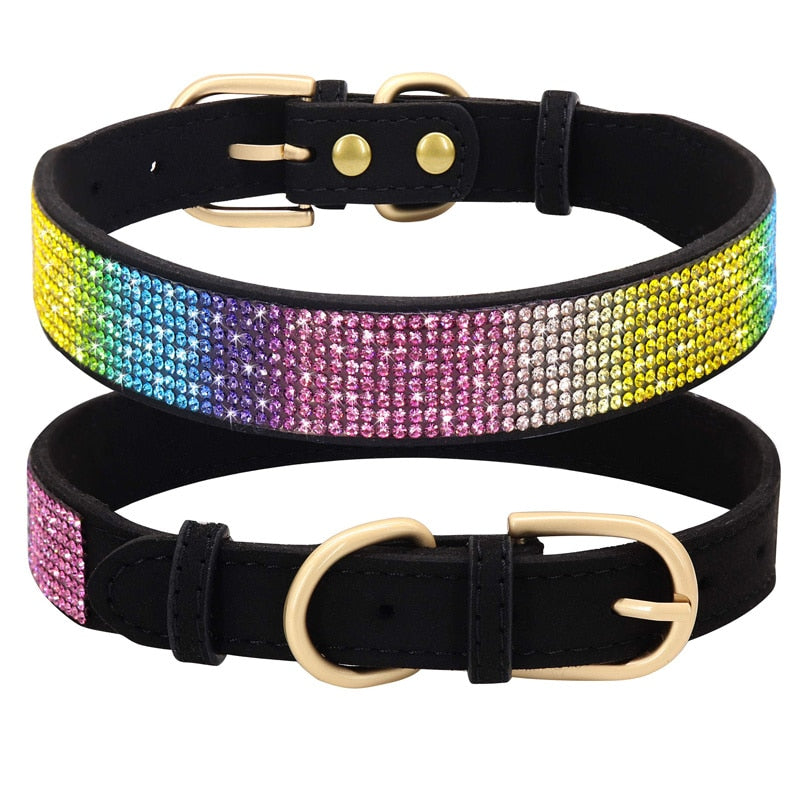 Suede Leather Rhinestone Dog Collar