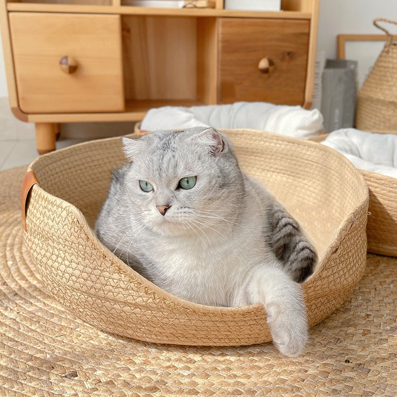 Hand Woven Rattan Round Cat Bed