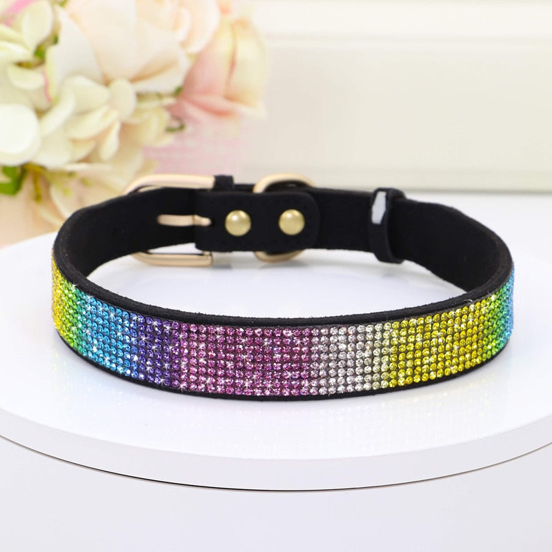 Suede Leather Rhinestone Dog Collar